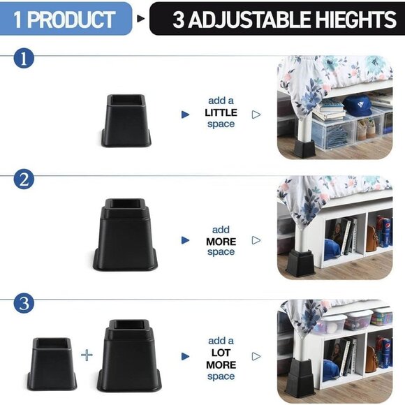 Adjustable Bed Risers - Elevation in 3, 5 or 8 Inch - Heavy Duty Stackable Furni - Picture 8 of 8